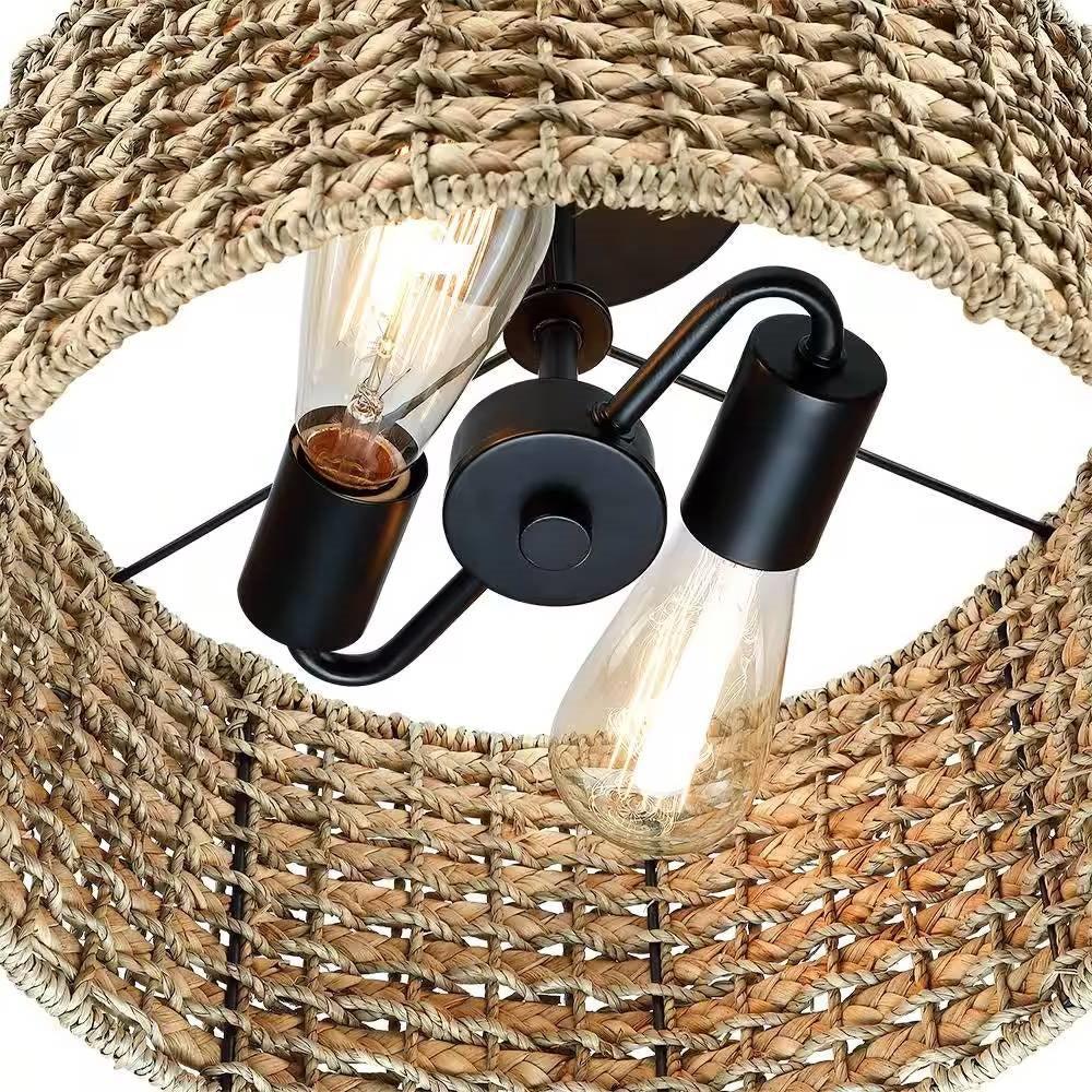 Bohemian 13.6-inch Round Rattan Drum 2-Light Ceiling Light - Semi-Flush Mount - PRHOMZ