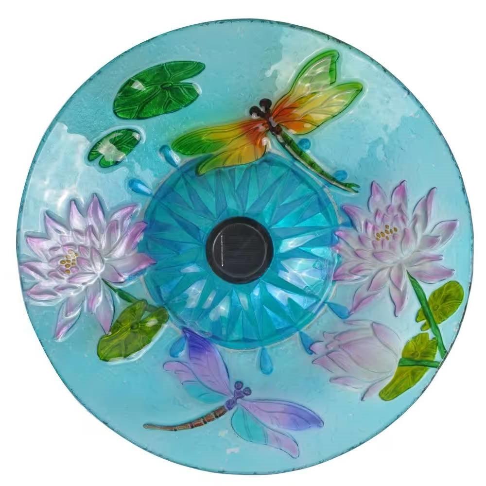 Outdoor Glass Bowl Bird Bath with Black Metal Stand and Solar Powered Light - PRHOMZ