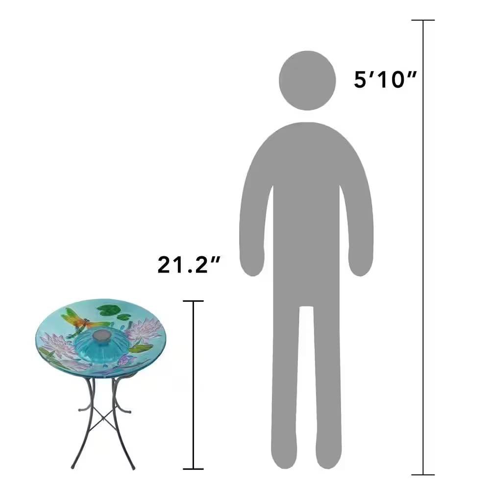 Outdoor Glass Bowl Bird Bath with Black Metal Stand and Solar Powered Light - PRHOMZ