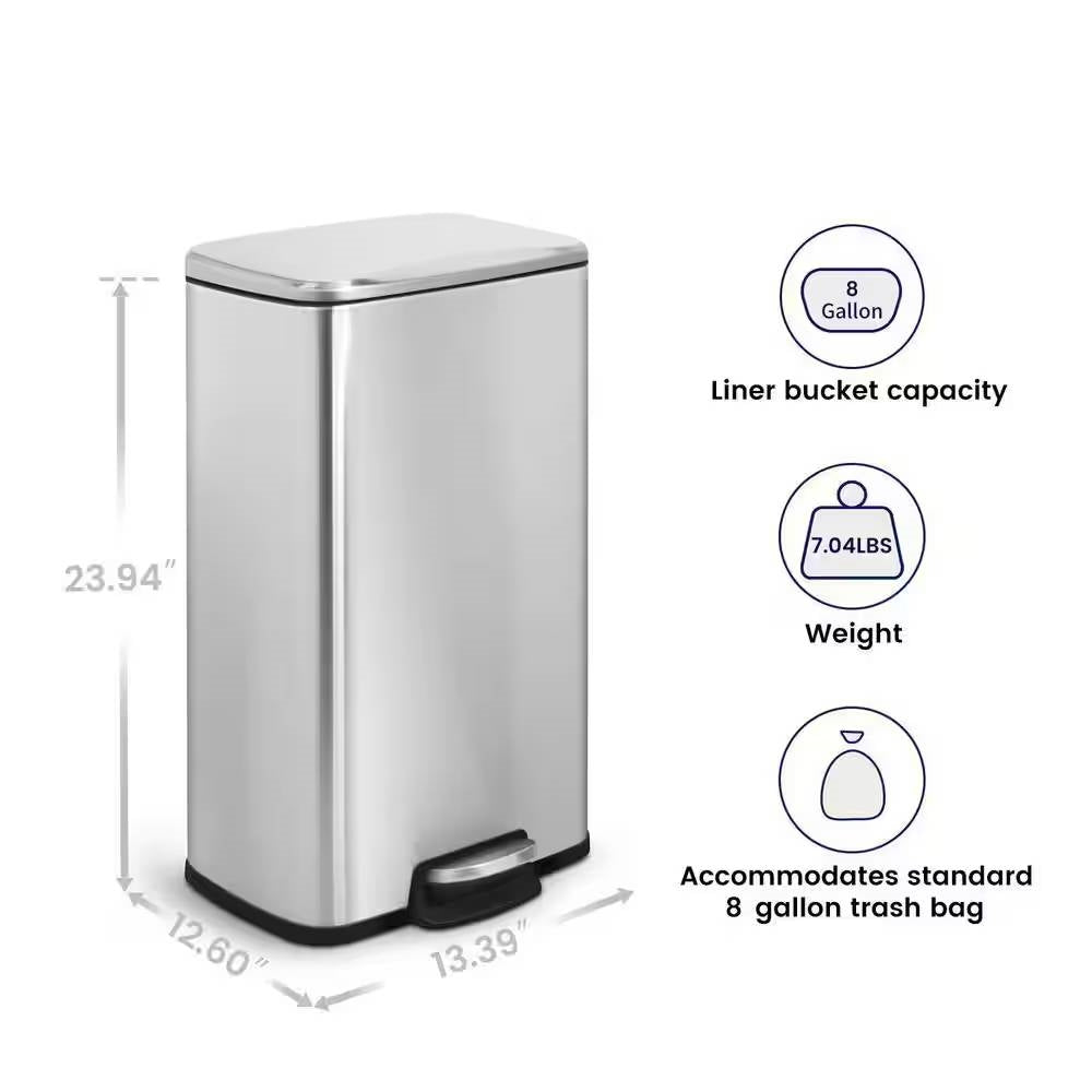 8-Gallon Stainless Steel Kitchen Trash Can with Step-on Lid-4