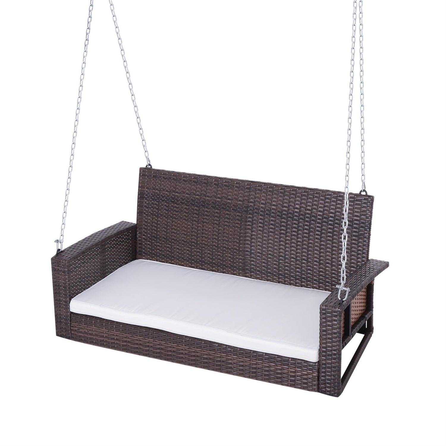 Espresso Wicker Porch Swing 7ft Hanging Chain with Cream Padded Cushion - PRHOMZ