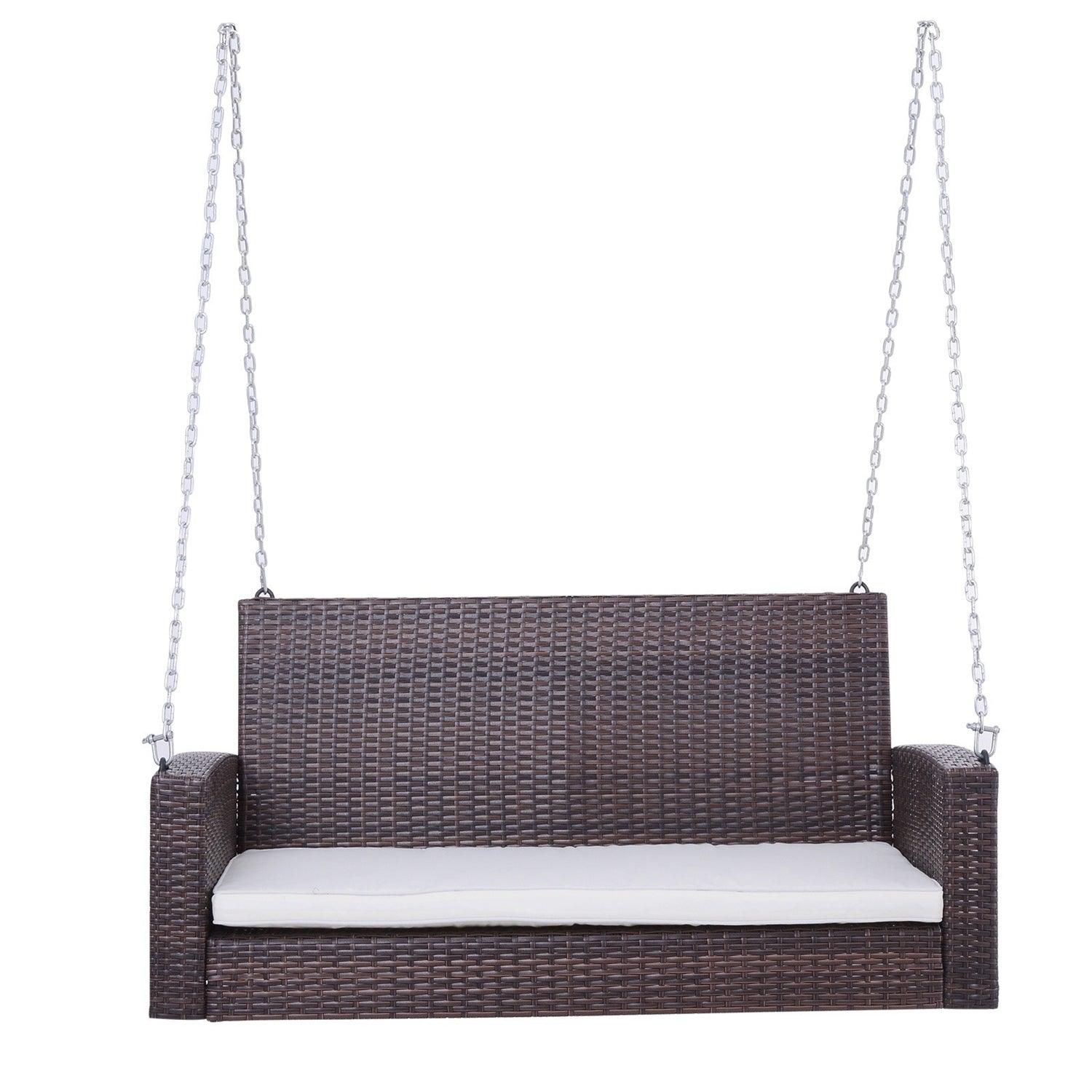 Espresso Wicker Porch Swing 7ft Hanging Chain with Cream Padded Cushion - PRHOMZ