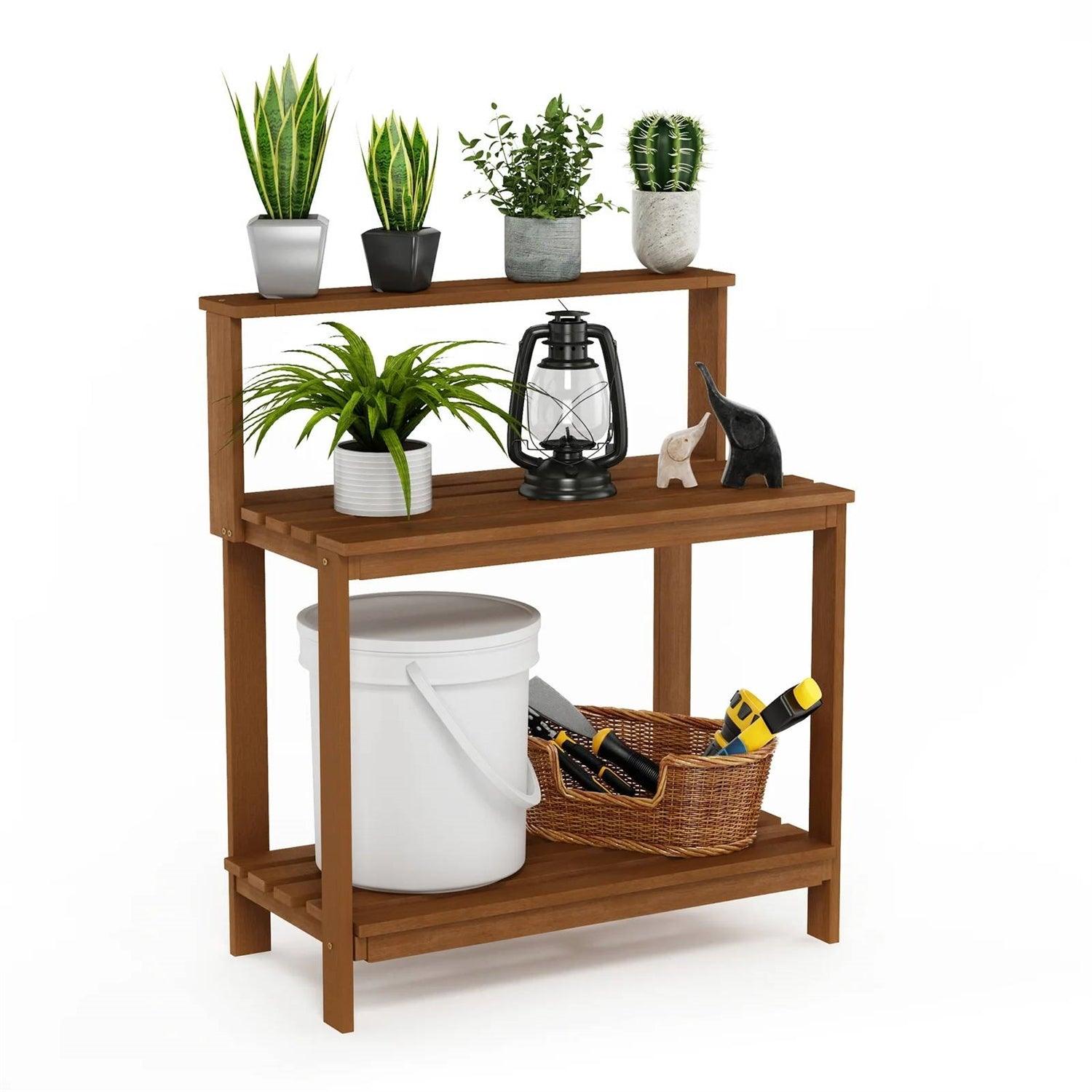 Solid Meranti Wood Outdoor Garden Potting Bench Table with Bottom Shelf - PRHOMZ