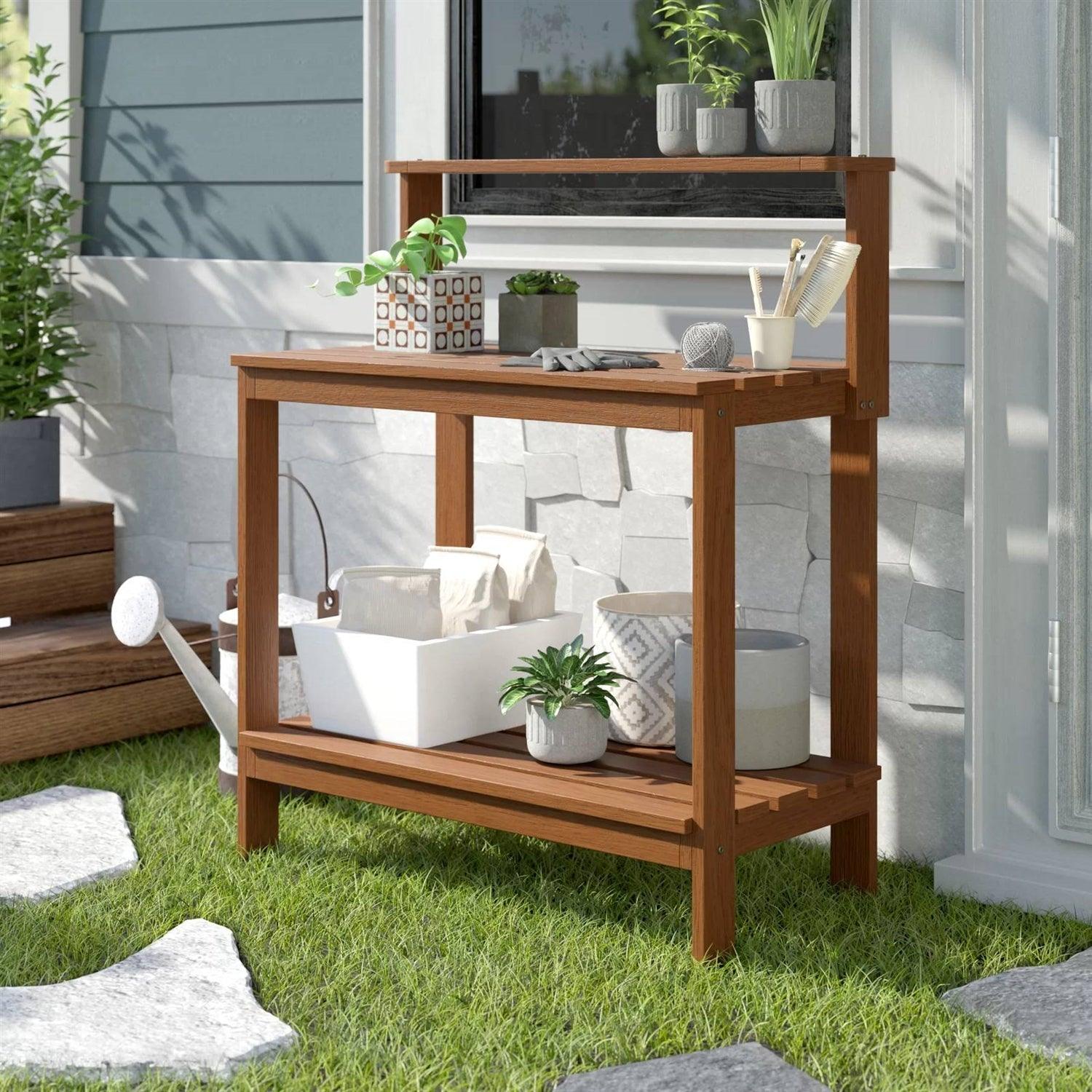Solid Meranti Wood Outdoor Garden Potting Bench Table with Bottom Shelf - PRHOMZ