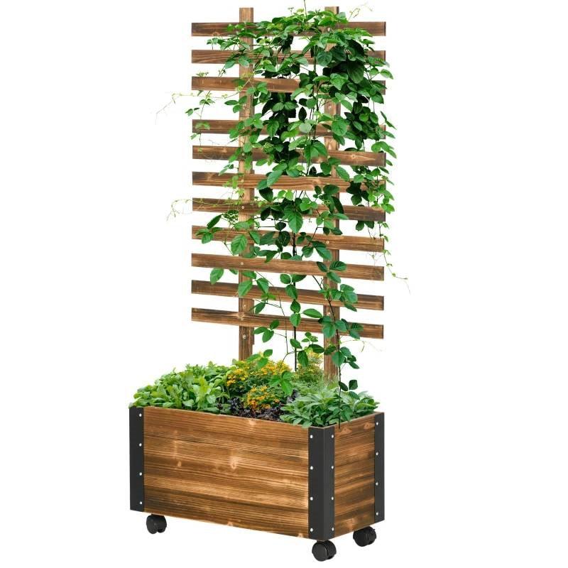 Farmhouse Rustic Wooden Raised Garden Bed Planter with Trellis on Wheels - PRHOMZ