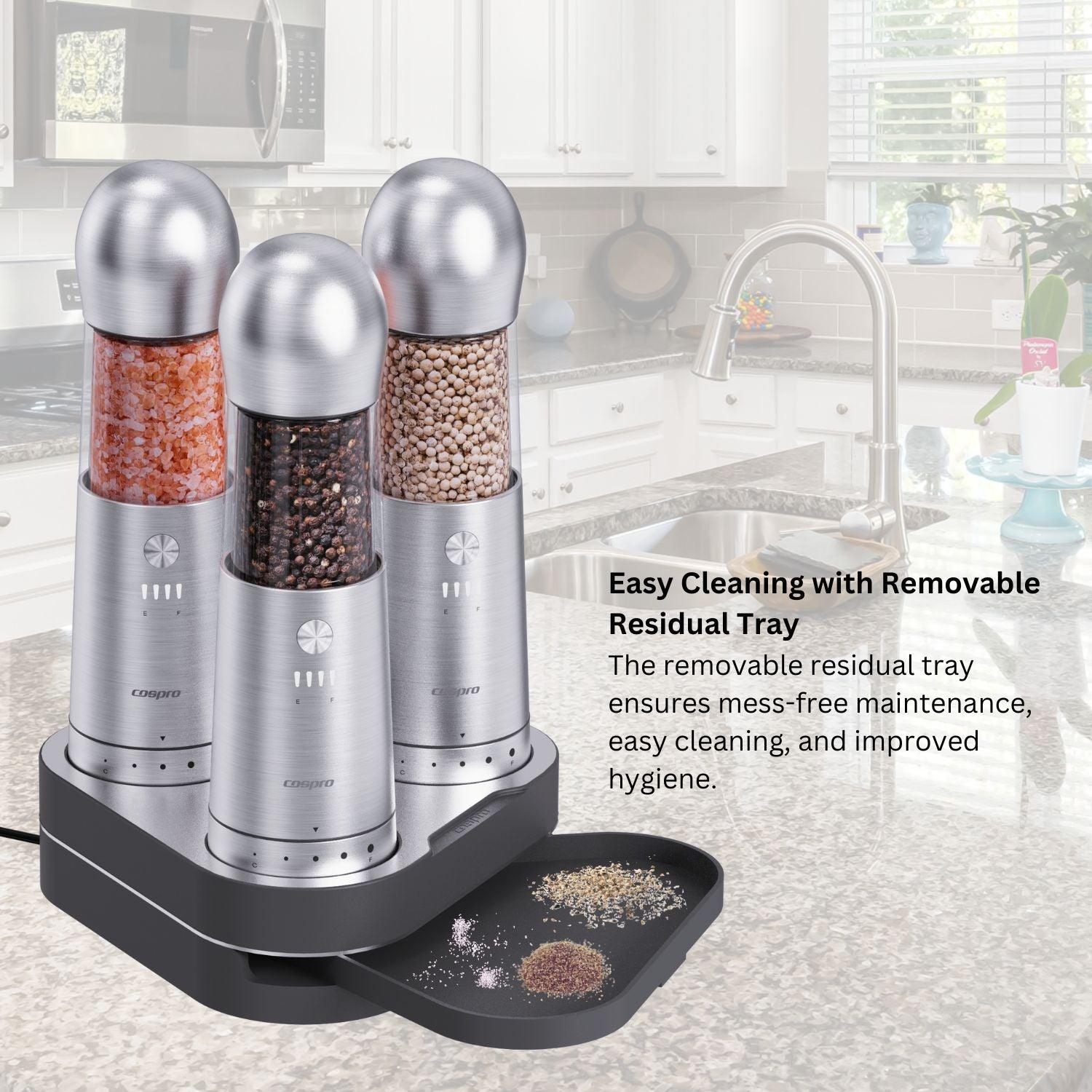 COSPRO 3-in-1 Electric Salt and Pepper Grinder Set with Adjustable Coarseness and USB Charging