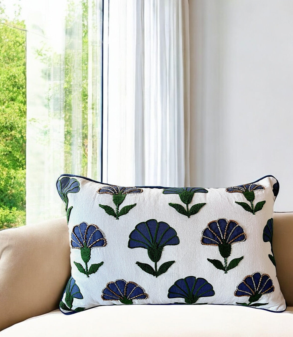 Embroidered Floral Blue Boho Accent Throw Pillow