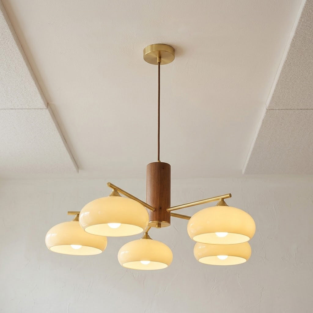 Elliptical Glass Globe Chandelier with Brass Arms | Dining Table Light Fixture