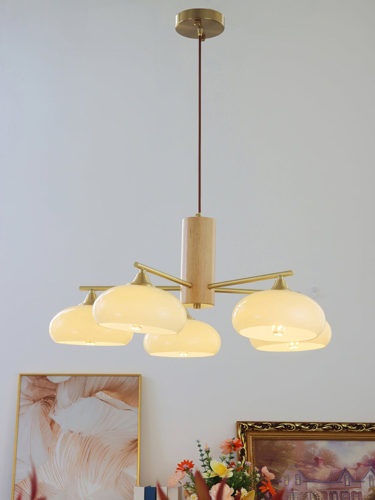 Elliptical Glass Globe Chandelier with Brass Arms | Dining Table Light Fixture
