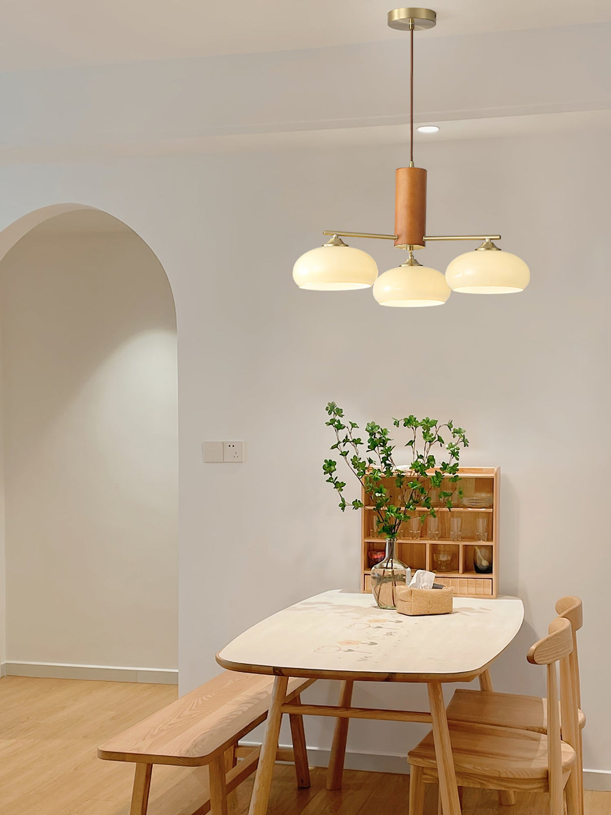 Elliptical Glass Globe Chandelier with Brass Arms | Dining Table Light Fixture