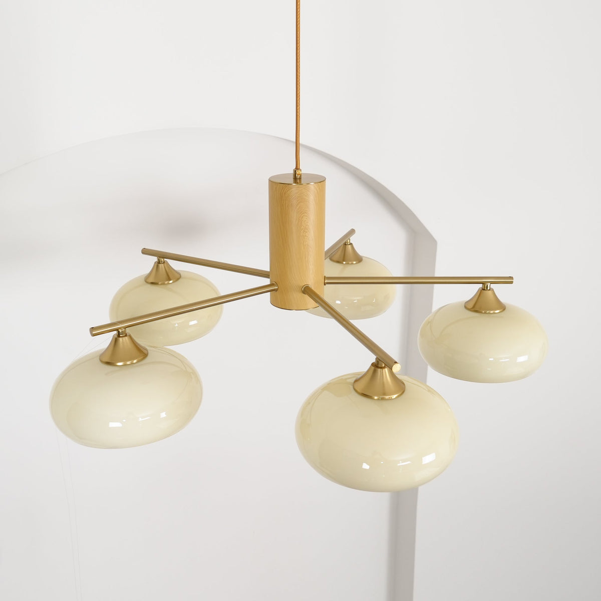 Elliptical Glass Globe Chandelier with Brass Arms | Dining Table Light Fixture