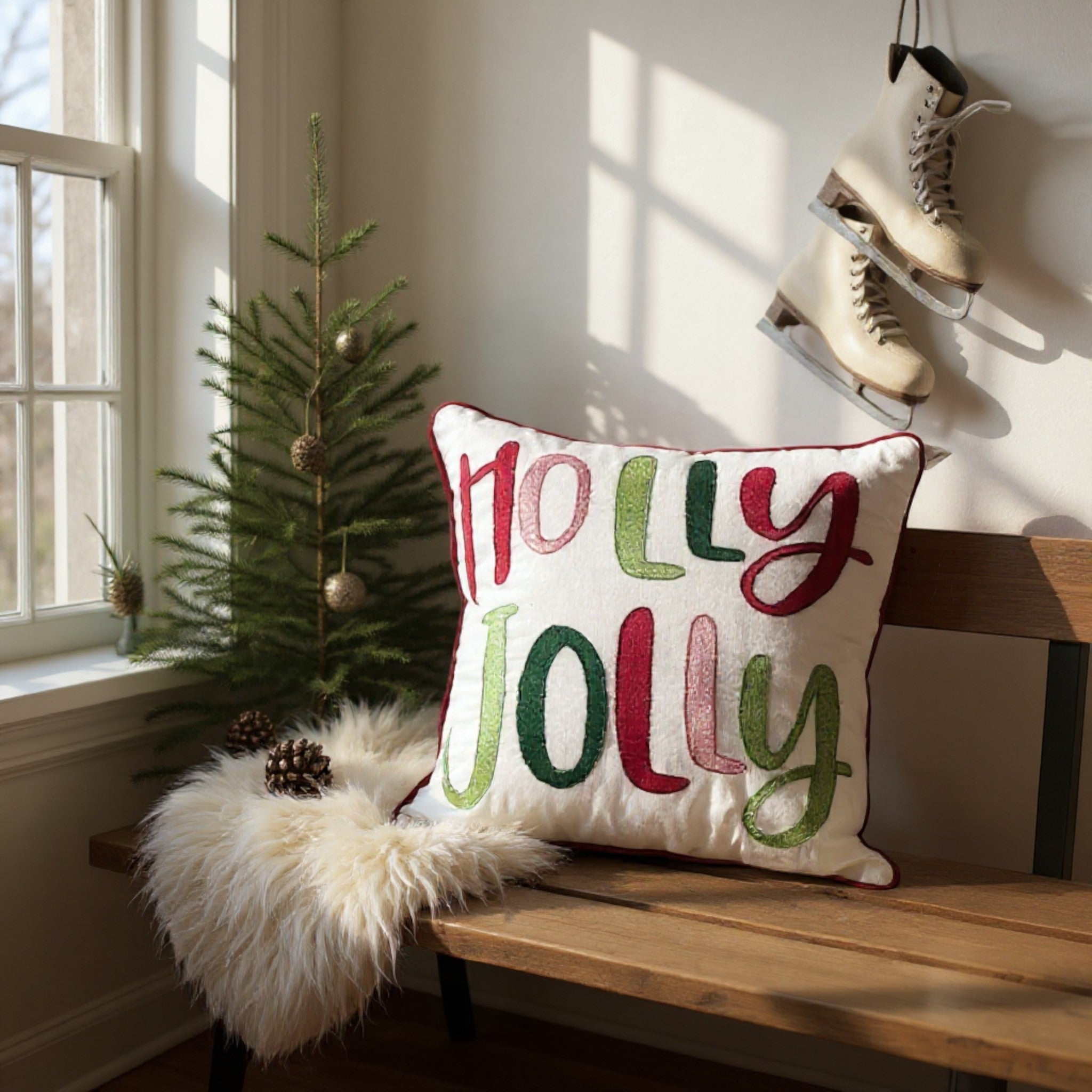 Holly Jolly Embroidered Christmas Themed Pillow