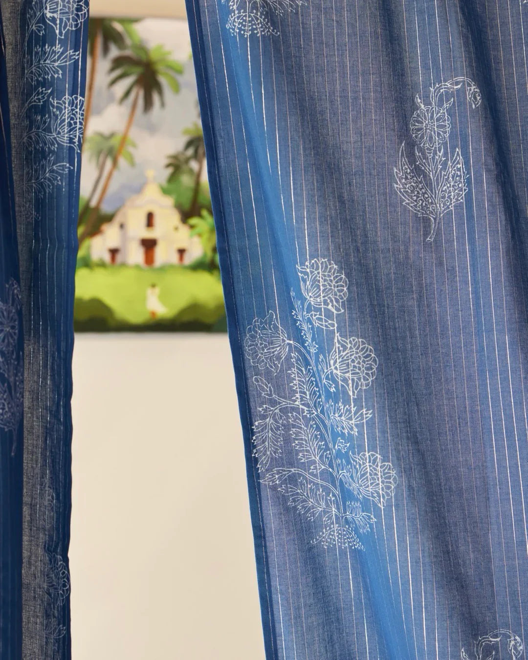 Indigo Hand Block Printed Linen Curtains | Floral & Stripe Design-1