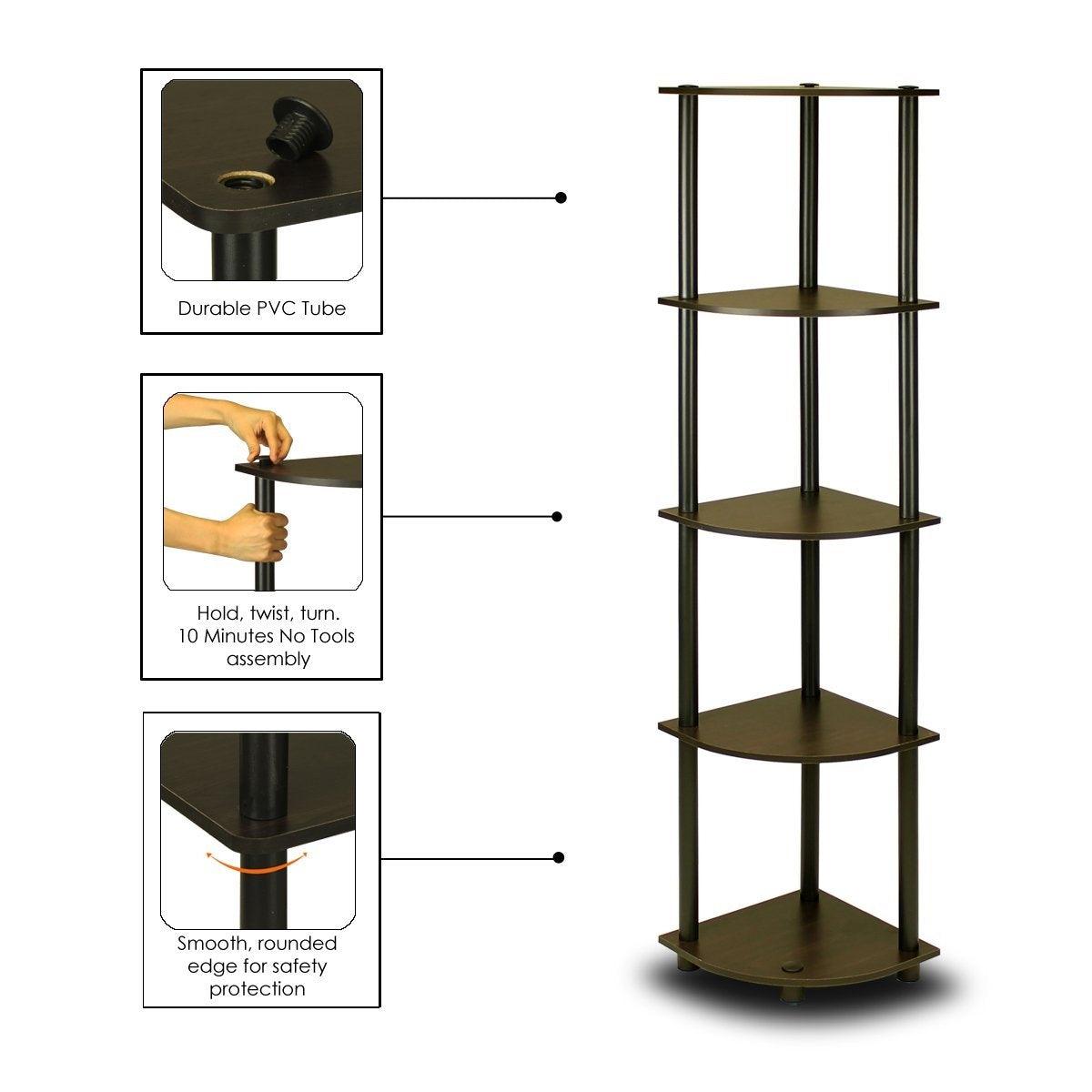 5-Tier Corner Display Shelf Bookcase in Espresso & Black - PRHOMZ