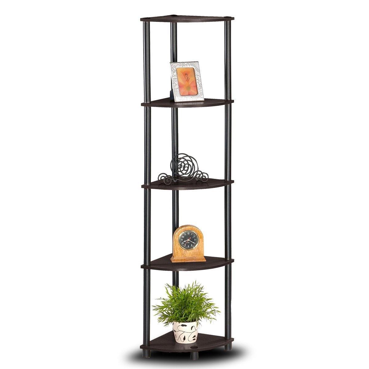 5-Tier Corner Display Shelf Bookcase in Espresso & Black - PRHOMZ