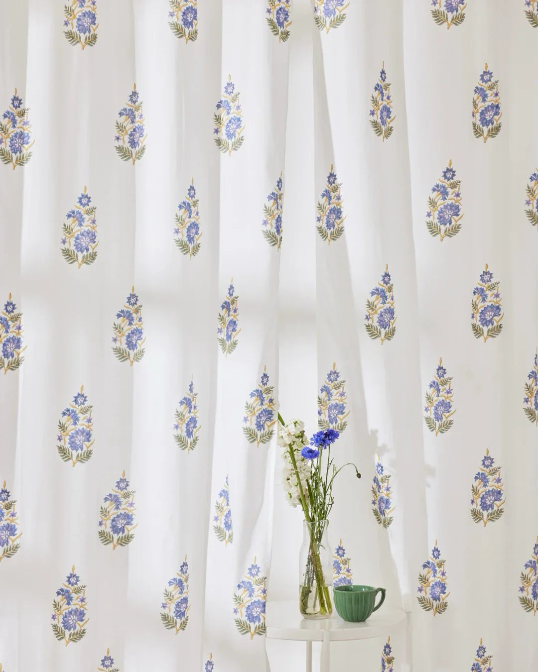 White & Blue Hand Block Printed Linen Curtains | Blue Lotus Design-0