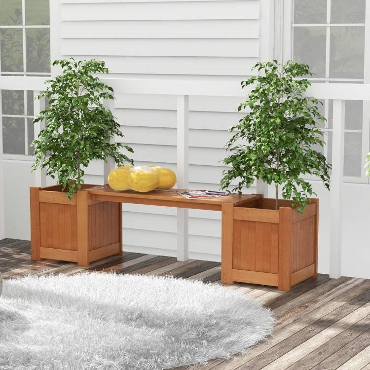Farmhouse Durable Outdoor Wooden Planter Box with Garden Bench - PRHOMZ