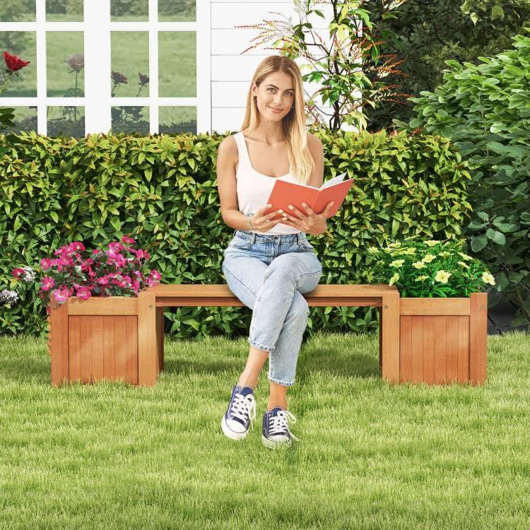 Farmhouse Durable Outdoor Wooden Planter Box with Garden Bench - PRHOMZ