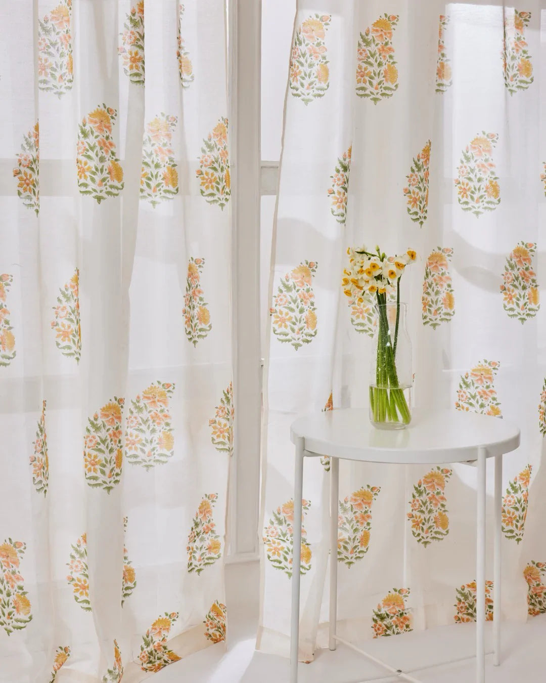 White & Yellow Hand Block Printed Linen Curtains | Floral Bouquet Design-3
