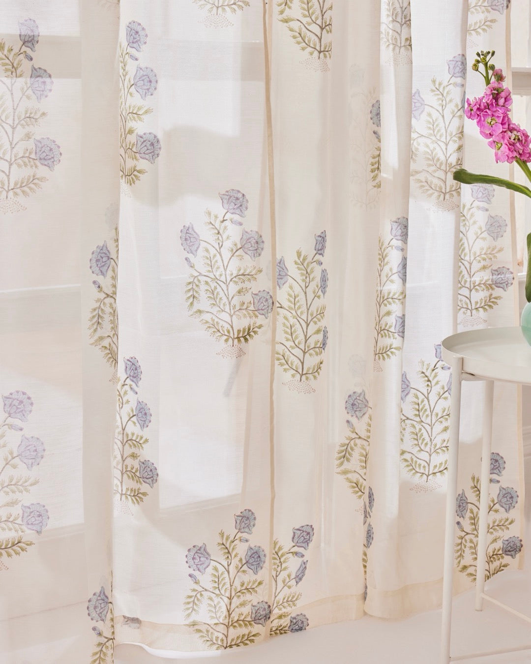 White, Blue & Green Hand Block Printed Linen Curtains | Floral Pattern-0