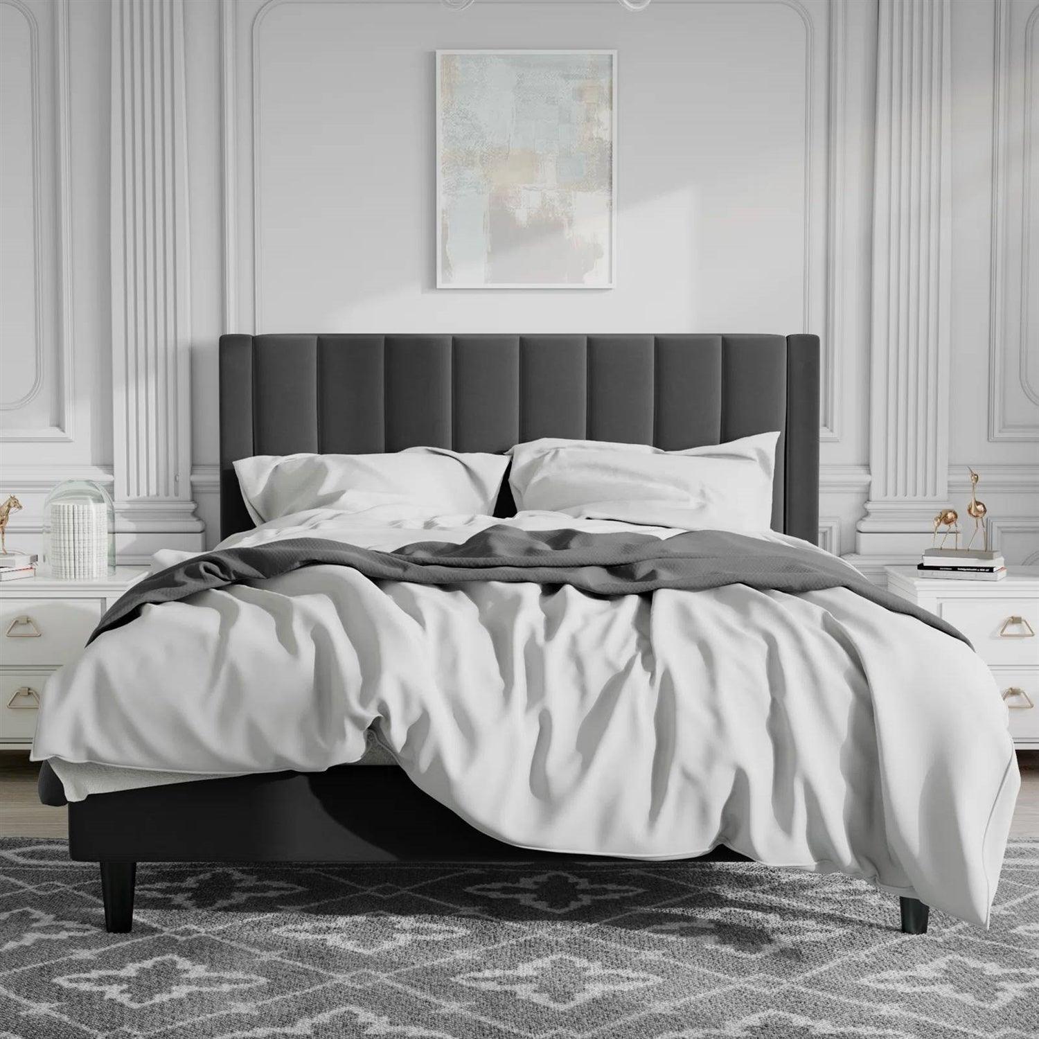 Full size Black Velvet Upholstered Platform Bed Frame with Headboard - PRHOMZ