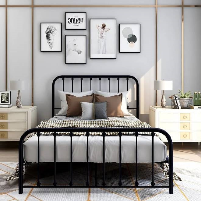 Full size Classic Black Metal Bed Frame with Slatted Headboard and Footboard-1
