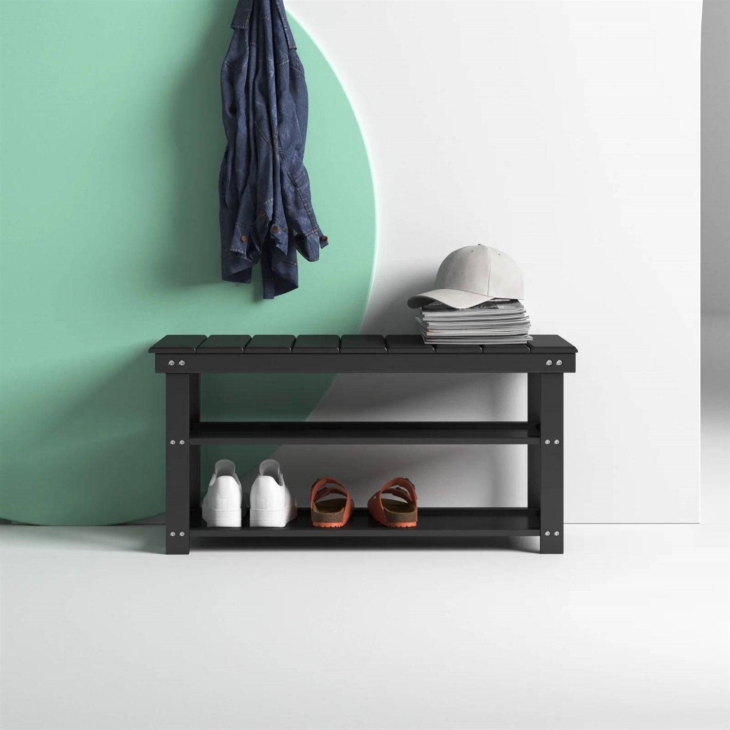 Black Wooden 2-Shelf Shoe Rack Storage Bench for Entryway or Closet - PRHOMZ