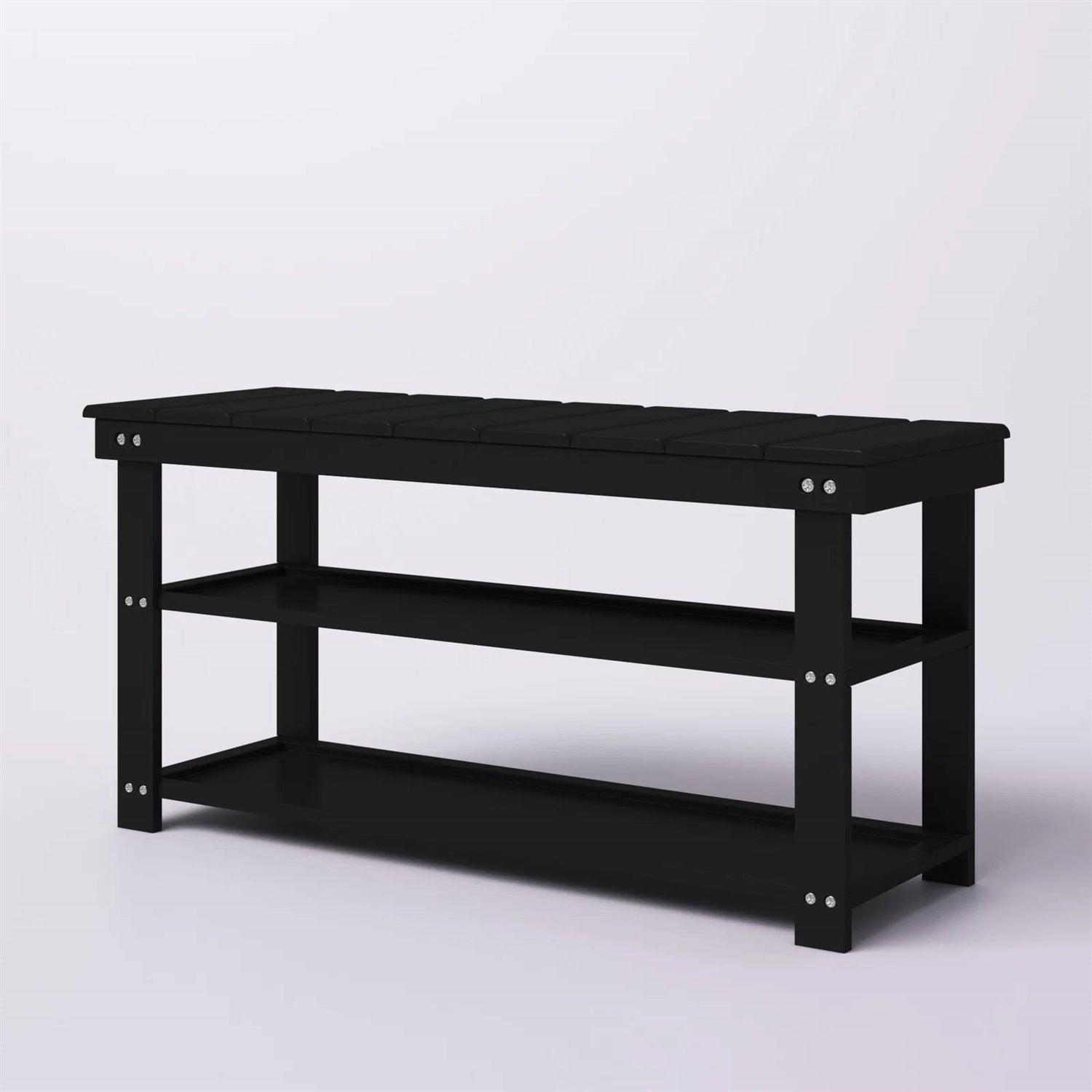 Black Wooden 2-Shelf Shoe Rack Storage Bench for Entryway or Closet - PRHOMZ