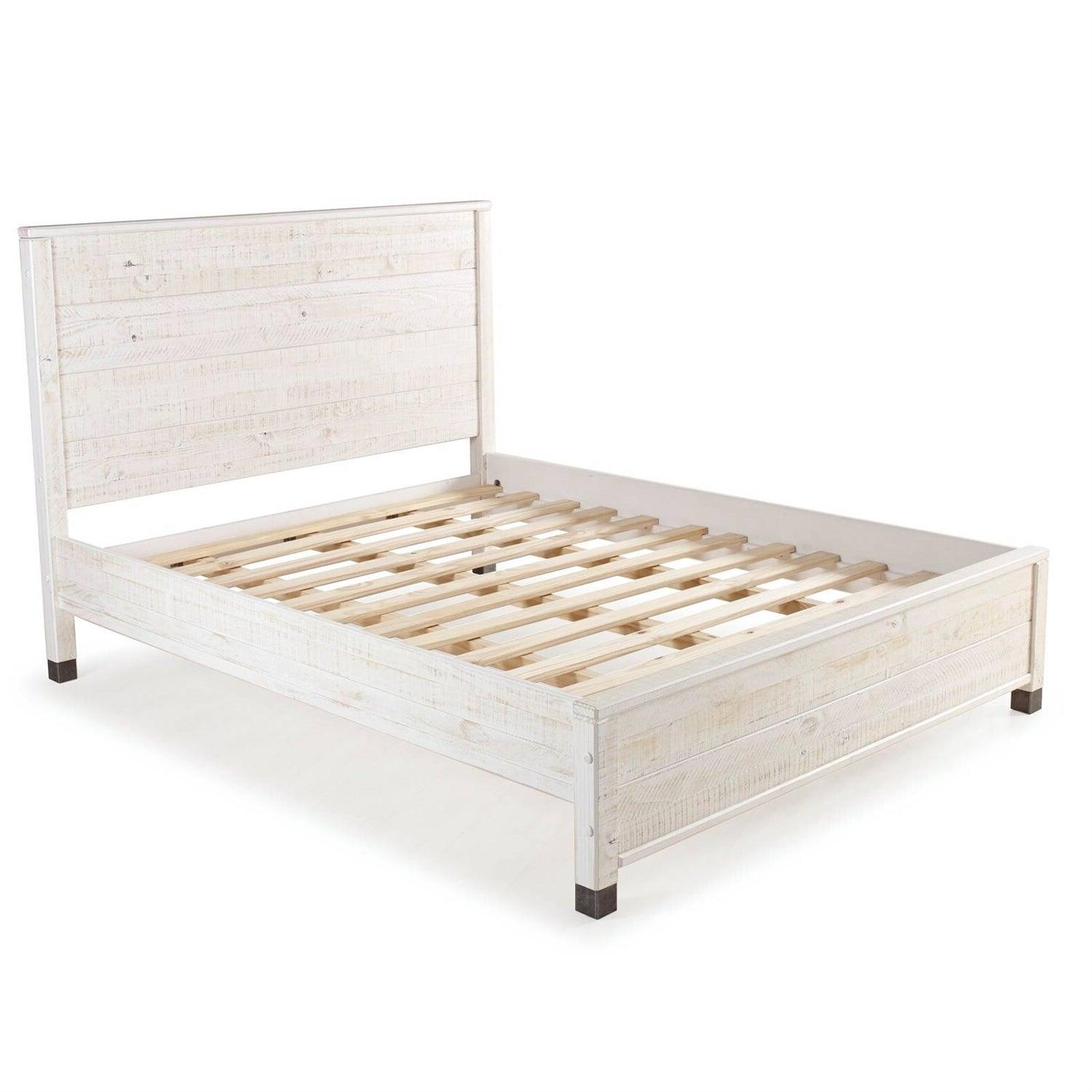 Full Size Solid Wood Platform Bed Frame with Headboard in Rustic White Finish - PRHOMZ