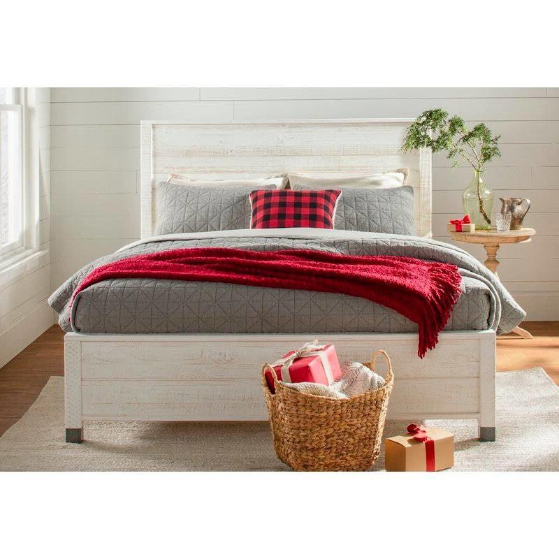 Full Size Solid Wood Platform Bed Frame with Headboard in Rustic White Finish - PRHOMZ