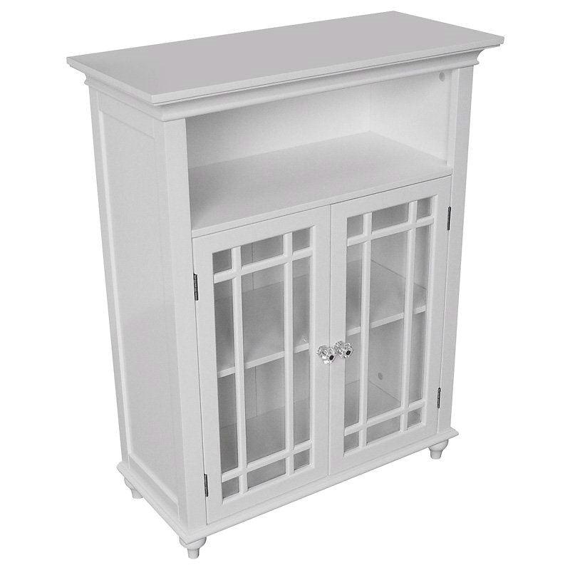 Classic White Wood 2-Door Bathroom Floor Cabinet with Glass Paneled Doors - PRHOMZ