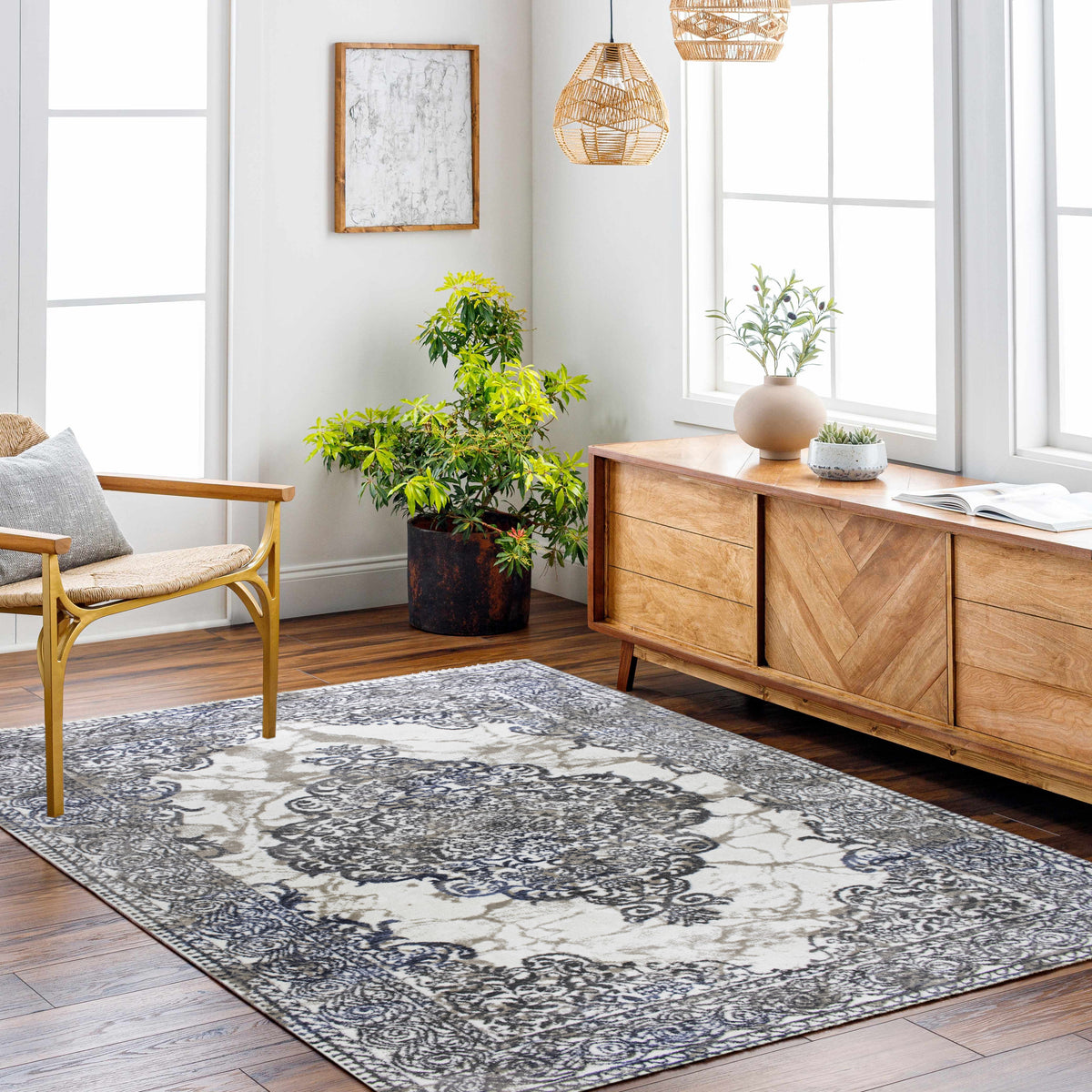 ROY's Home One Level Area Rugs, Classic Pattern - Shiny Ivory,Grey,Beige Yarn