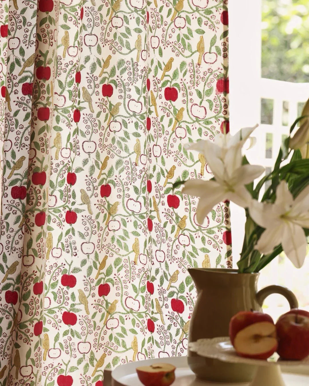 White & Red Hand Block Printed Linen Curtains | Apple & Bird Design-0