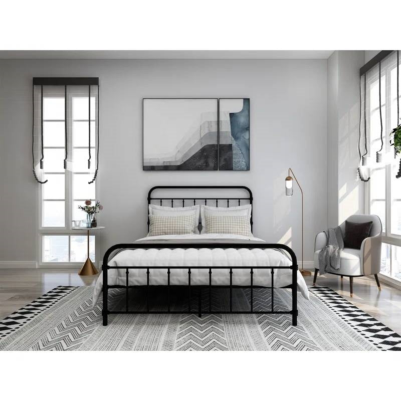 Full size Farmhouse Black Metal Bed Frame with Rounded Headboard Footboard-1