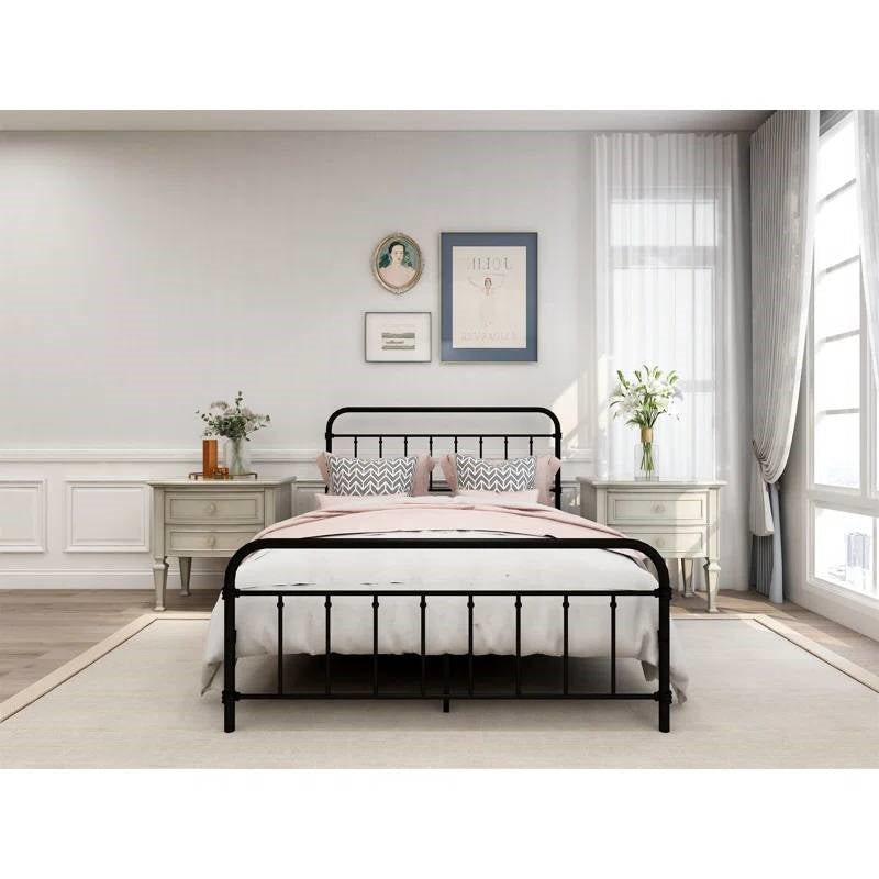Full size Farmhouse Black Metal Bed Frame with Rounded Headboard Footboard-2