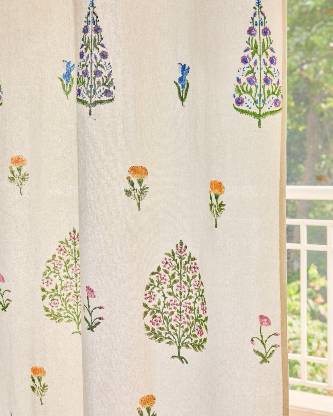 Hand Block Printed Linen Curtains | Tree & Floral Motif | Light Filtering Opaque For Privacy-0