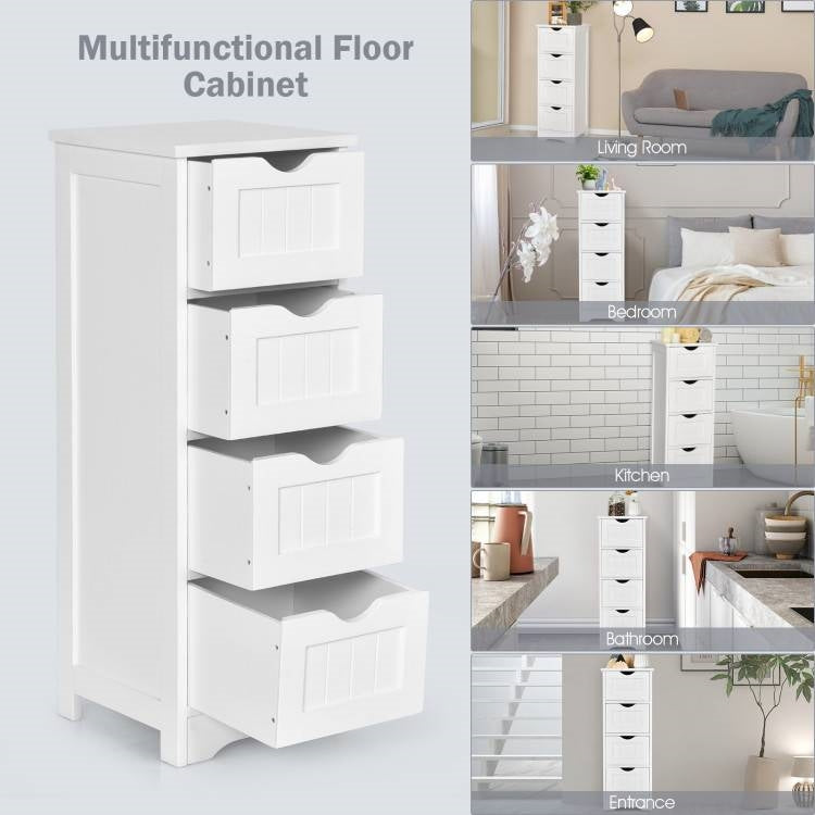 Modern Farmhouse 4-Drawer Bathroom Linen Floor Cabinet in White Wood Finish