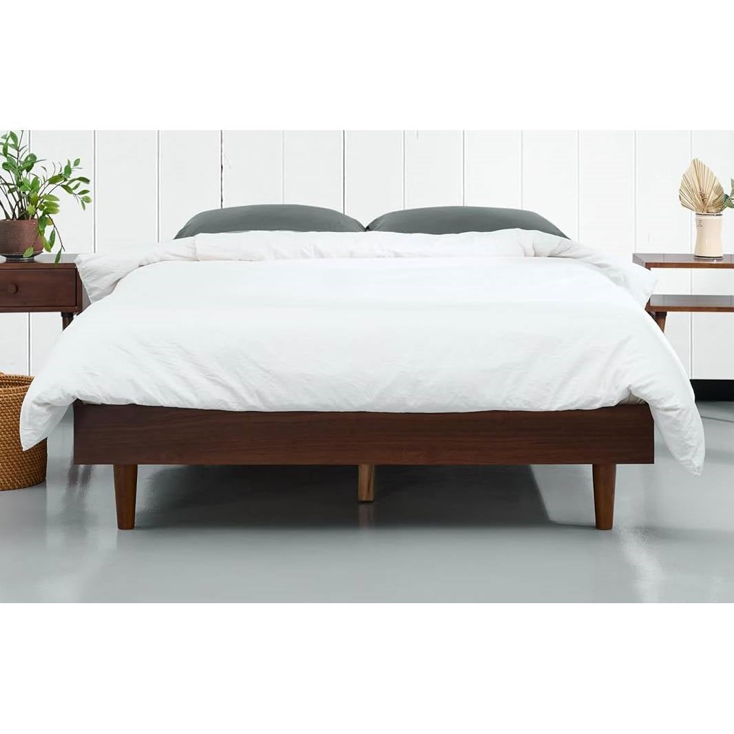 Full size Mid-Century Modern Platform Bed Frame in Dark Brown Wood Finish-0