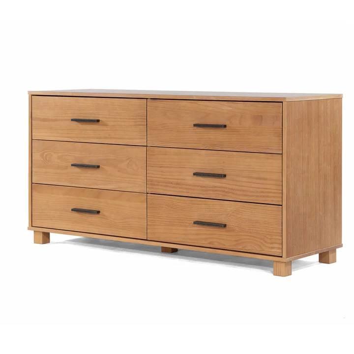 Modern Farmhouse Solid Wood 6 Drawer Double Dresser in Light Brown Finish - PRHOMZ