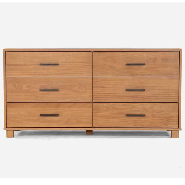 Modern Farmhouse Solid Wood 6 Drawer Double Dresser in Light Brown Finish - PRHOMZ