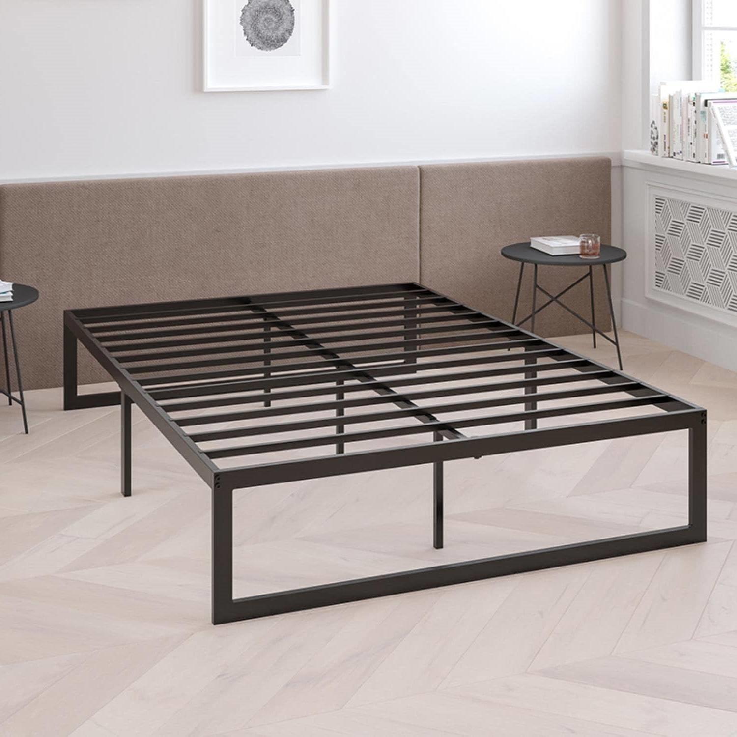 Queen Size 14 Inch High Heavy Duty Black Metal Platform Bed Frame - PRHOMZ