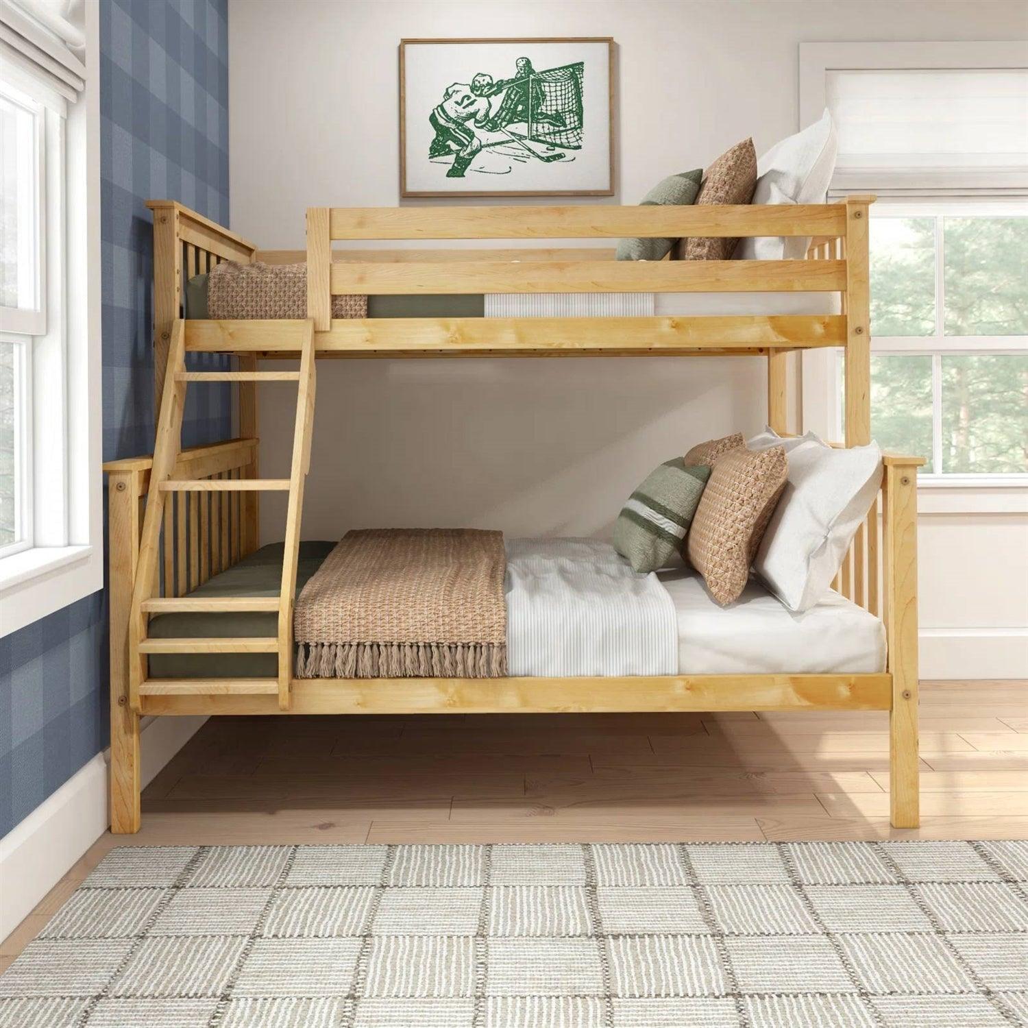 Twin over Full size Solid Wooden Bunk Bed in Natural Pine Wood Finish - PRHOMZ