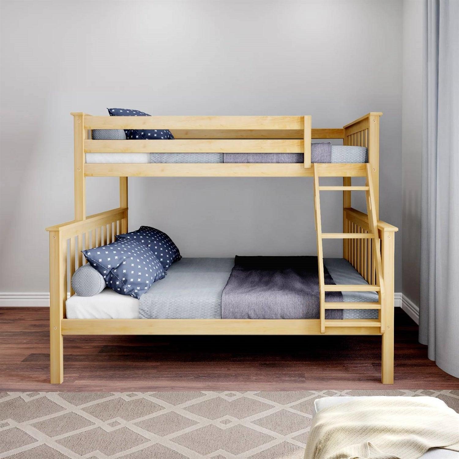 Twin over Full size Solid Wooden Bunk Bed in Natural Pine Wood Finish - PRHOMZ