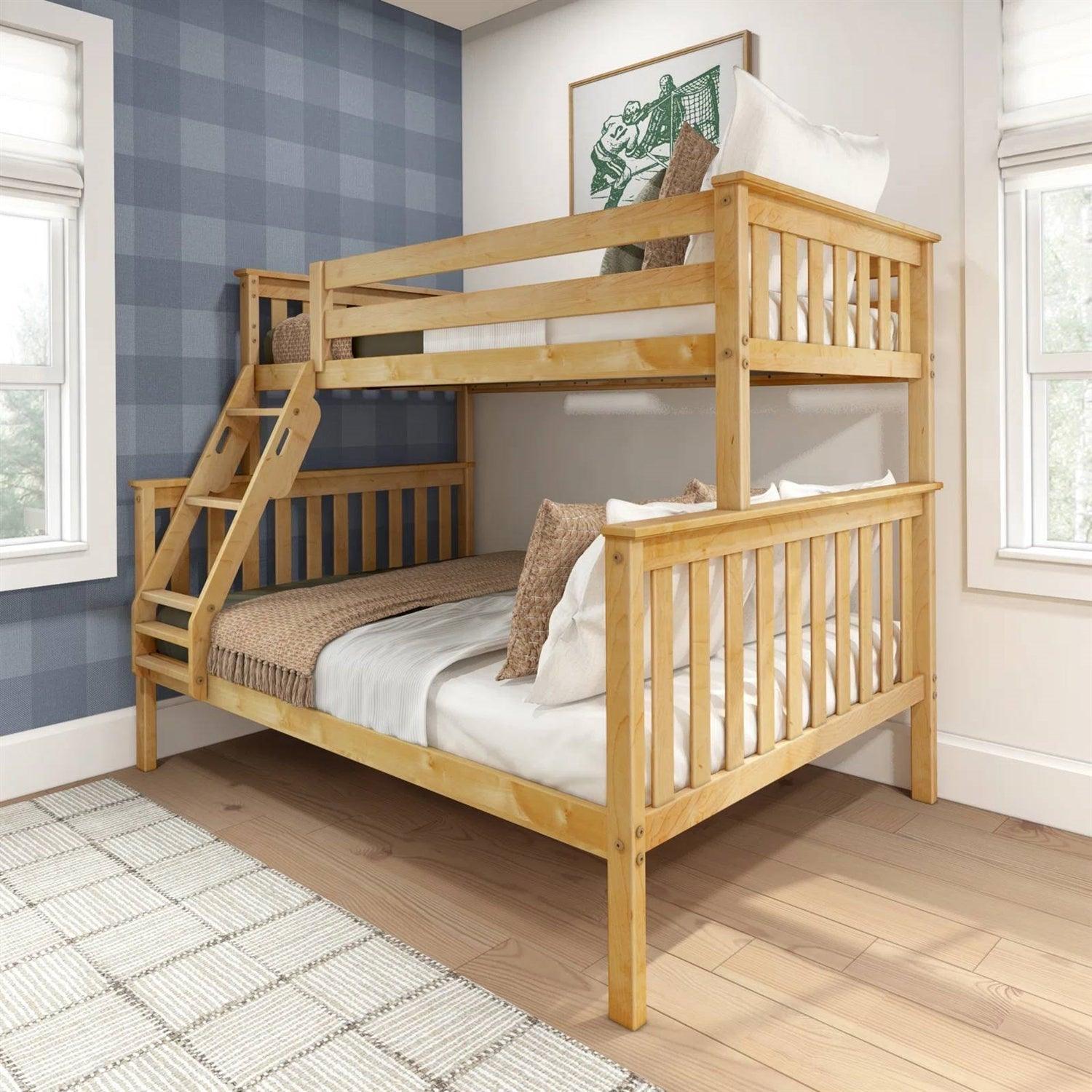 Twin over Full size Solid Wooden Bunk Bed in Natural Pine Wood Finish - PRHOMZ