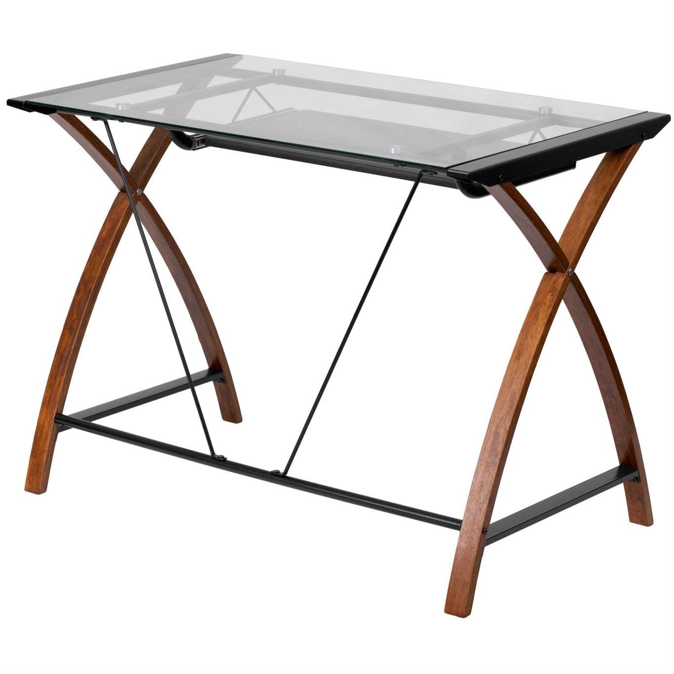 Modern Cherry Finish Glass Top Writing Table Computer Desk with Keyboard Tray - PRHOMZ