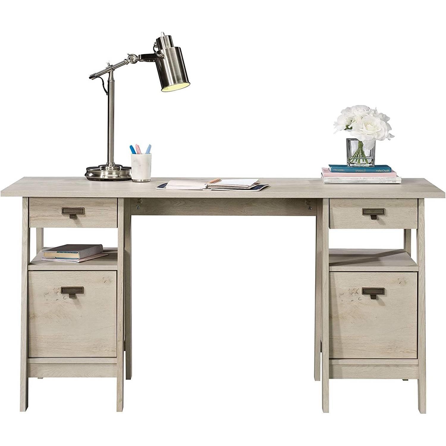 FarmHouse Chalky Oak Executive Desk w/ Filing Cabinets Storage - PRHOMZ