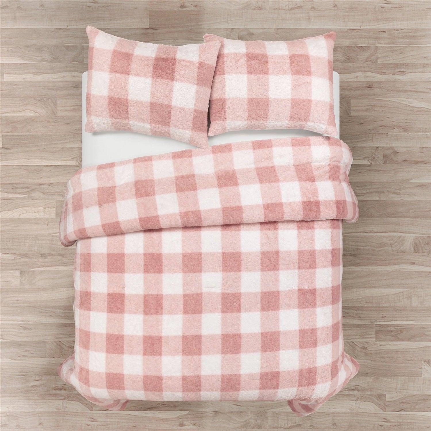Full/Queen Size Plaid Soft Faux Fur Comforter Set Pink Blush - PRHOMZ
