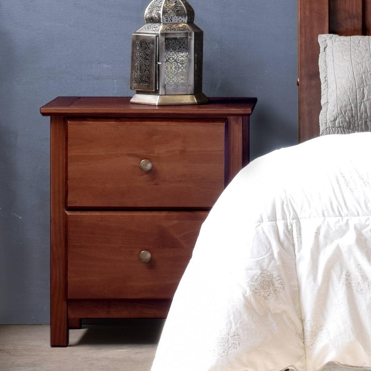 Farmhouse Solid Pine Wood 2 Drawer Nightstand in Cherry Finish - PRHOMZ