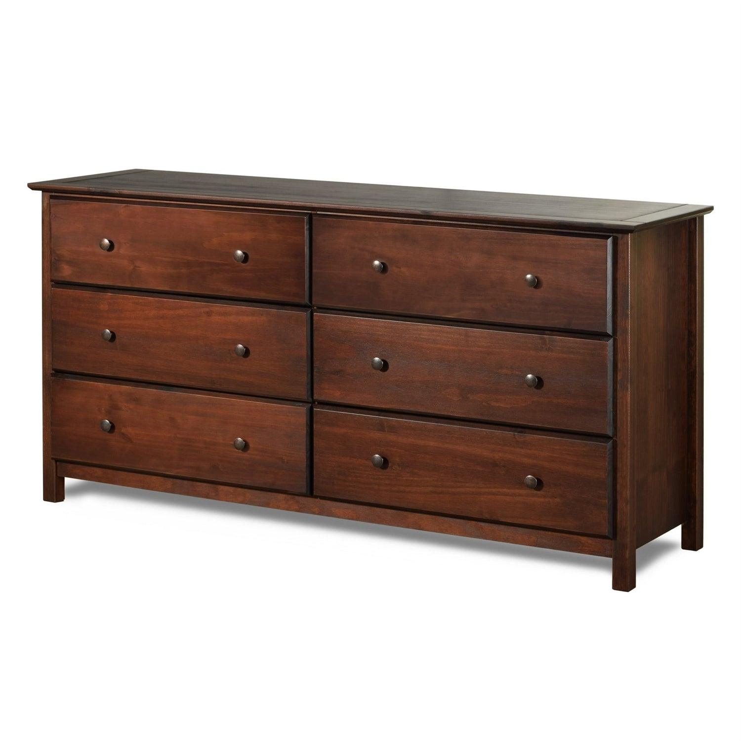 Farmhouse Solid Pine Wood 6 Drawer Dresser in Cherry Finish - PRHOMZ