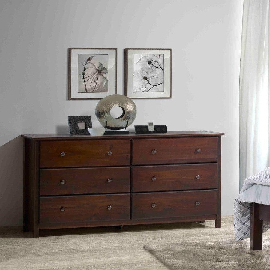 Farmhouse Solid Pine Wood 6 Drawer Dresser in Cherry Finish - PRHOMZ
